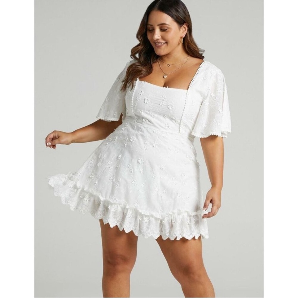 Showpo Fancy A Spritz Mini Dress Square Neck White Floral Embroidery
